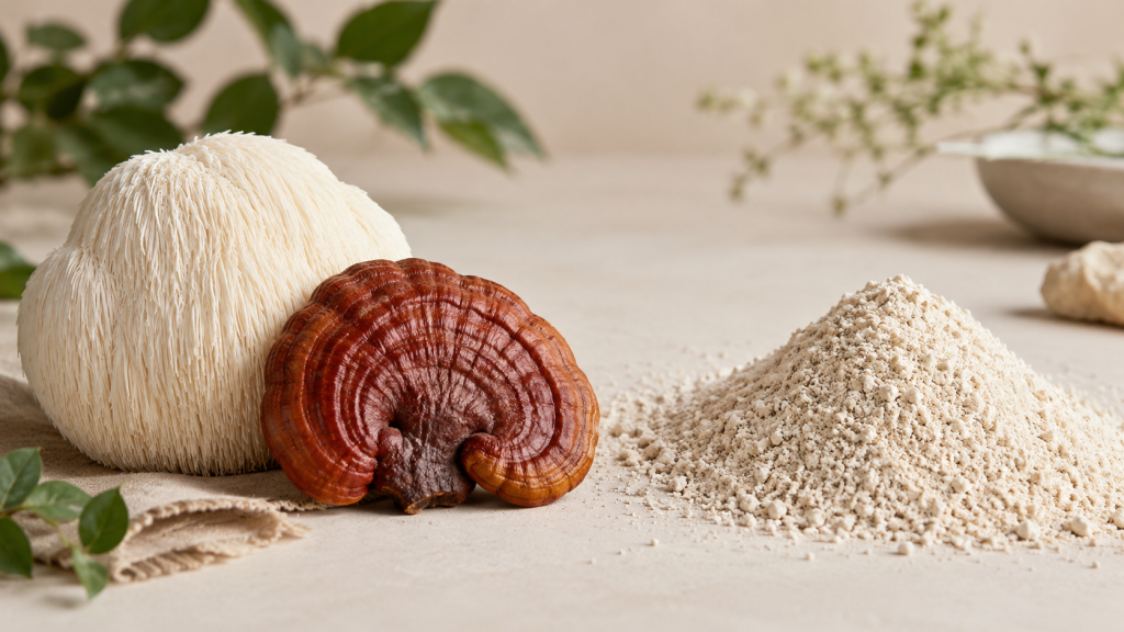 Lion's mane and reishi fruiting bodies beside grain-grown mycelium powder.