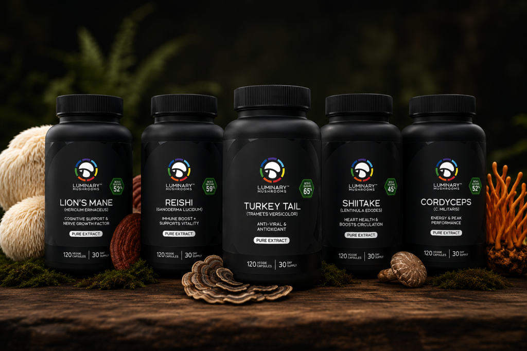 Luminary Mushrooms product lineup featuring Lion’s Mane, Reishi, Turkey Tail, Shiitake, and Cordyceps fruiting body mushroom extracts