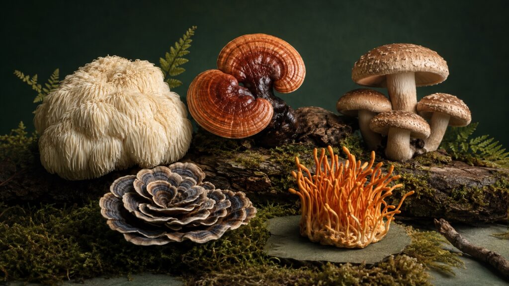 Lion's Mane, Reishi, Shiitake, Turkey Tail and Cordyceps fruiting bodies arranged together
