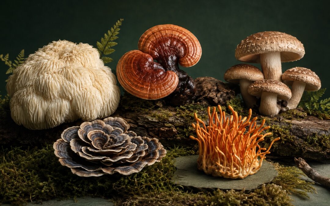 Lion's Mane, Reishi, Shiitake, Turkey Tail and Cordyceps fruiting bodies arranged together