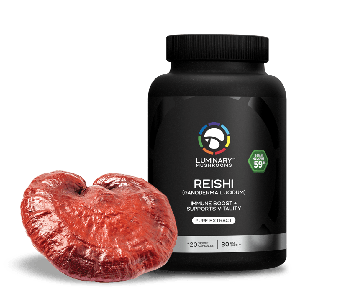 Luminary Reishi bottle with reishi mushroom