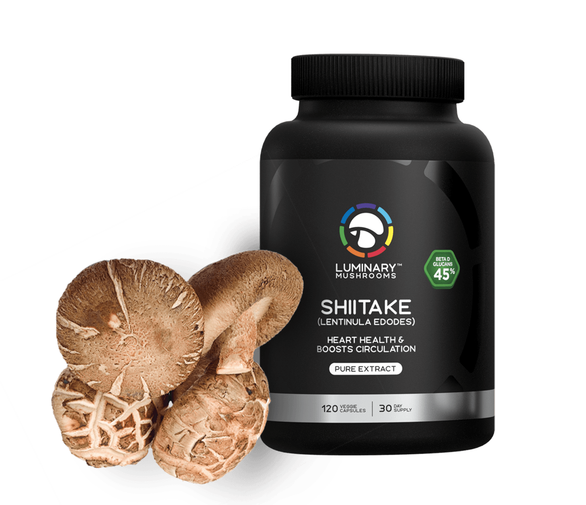 Luminary Shiitake bottle with shiitake mushrooms